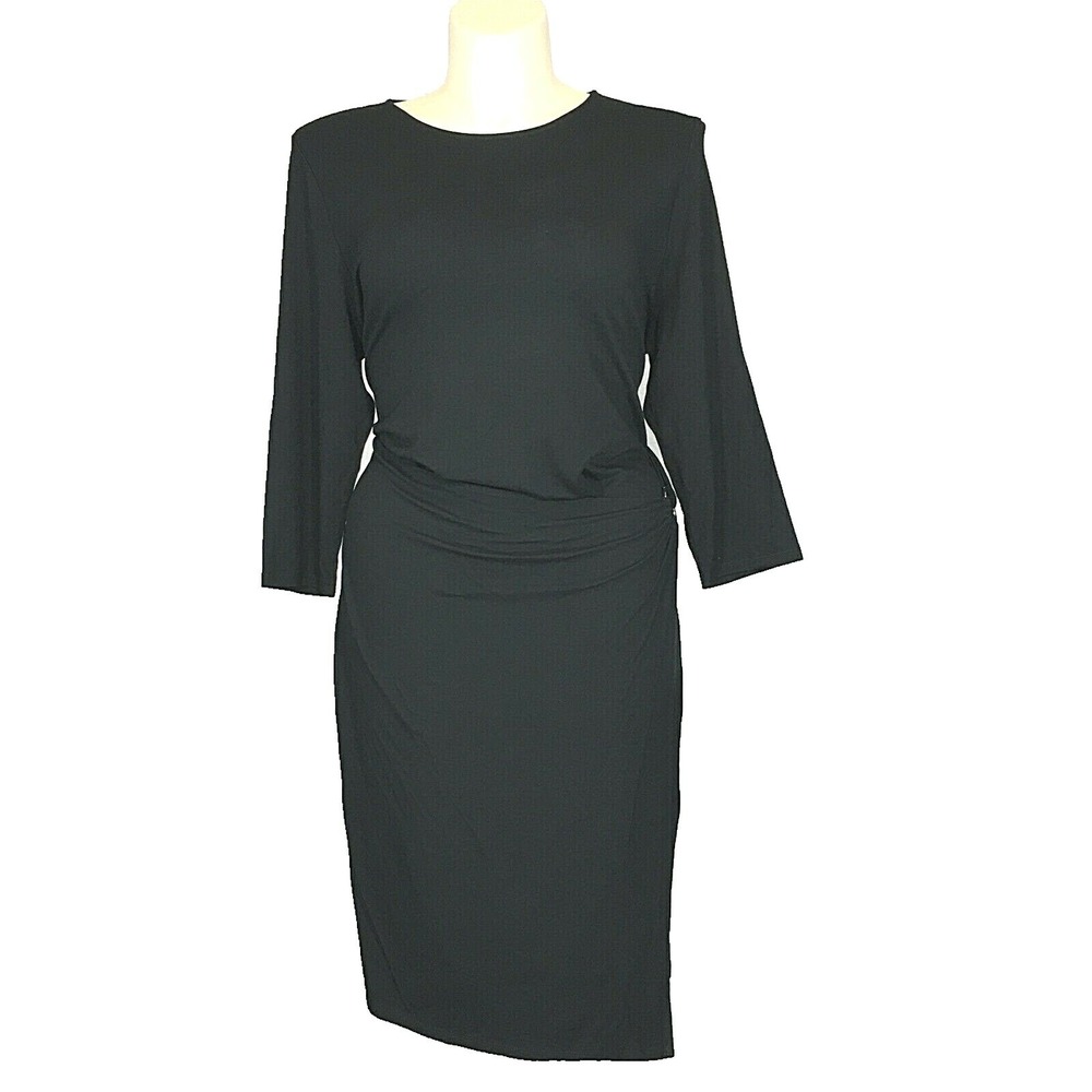 J Jill Dress MED Black Faux Wrap Silver Buckle Stretch Tee 3/4 Sl Career
